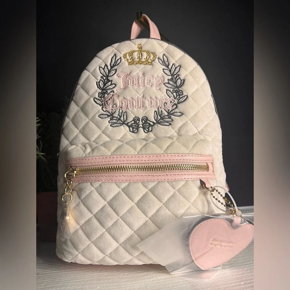 Juicy Couture Royal Moment Quilted Velour Medium Backpack w Pink Heart Charm NWT